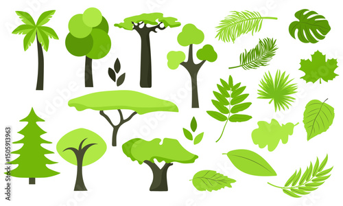A botanical set of vector bright trees and leaves, hand-drawn on a white background.