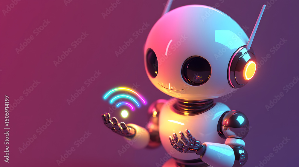 Fototapeta premium A friendly cartoon robot holding a glowing rainbow Wi-Fi signal in its hands