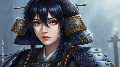 Portrait Of Young Woman In Blue And Gold Armor Against Soft Focus Background