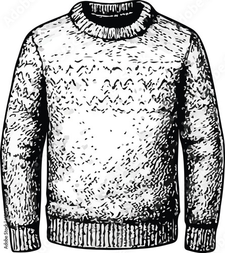 Black-and-white detailed illustration of a cozy striped turtleneck sweater with horizontal stripes on sleeves and body, ribbed cuffs and hem, perfect for fashion, winter, and apparel design