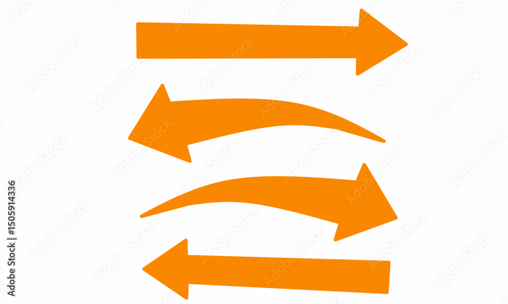 Set of four bright orange arrows in various styles and directions on a white background. Representing movement, flow, navigation, or change. Ideal for infographics, digital communication visuals. Set of four bright orange arrows in various styles and directions on a white background. Representing movement, flow, navigation, or change. Ideal for infographics, digital communication visuals.
