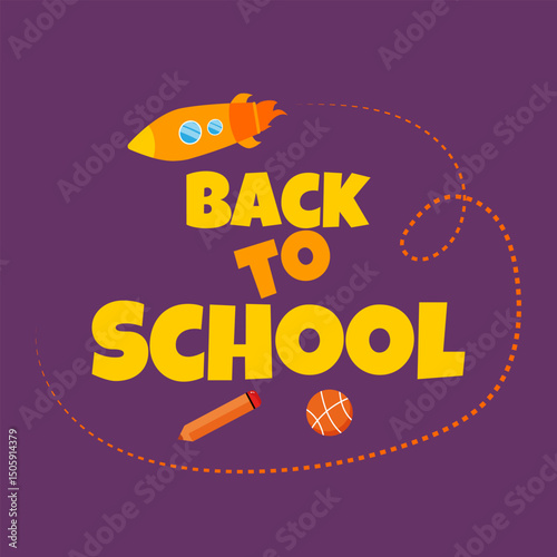 Back to school handwritten inscription with a rocket, pencil, and ball. Designed for training, greeting cards, covers, banners. Vector elements.

