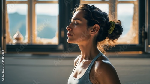 Woman meditating peacefully in front of a window with natural light shining on her face and body indoors
