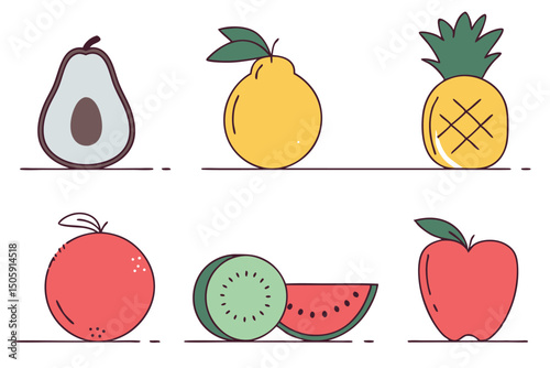 Colorful and stylized vector illustrations of various fresh fruits isolated on white