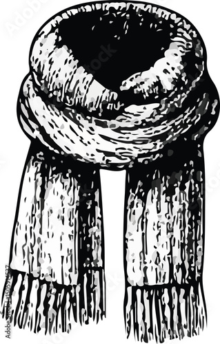 Black-and-white vintage line drawing of a cozy knitted beanie hat and scarf, with the scarf wrapped around the neck and hanging down. Perfect for winter fashion, cold weather, and cozy themes