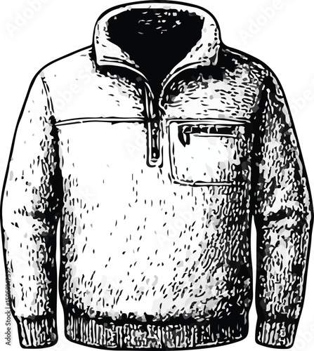 Black-and-white detailed illustration of a winter coat featuring a large fur-lined hood, toggle buttons, front pockets, and cuff straps, perfect for cold weather, fashion, and outerwear design
