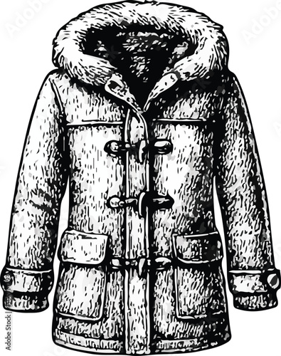 Black-and-white detailed illustration of a winter coat featuring a large fur-lined hood, toggle buttons, front pockets, and cuff straps, perfect for cold weather, fashion, and outerwear design