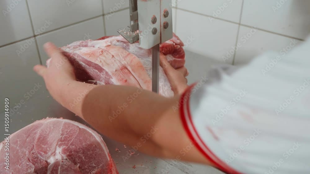 Cena 4k de um pernil suíno sendo cortado e fatiado em uma bancada de serra de fita por uma açougueiro