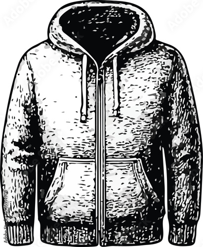 Black-and-white detailed illustration of a winter coat featuring a large fur-lined hood, toggle buttons, front pockets, and cuff straps, perfect for cold weather, fashion, and outerwear design
