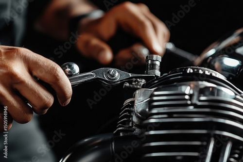 Close-up of hands using tools to repair a motorcycle engine.