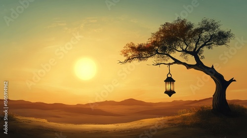 A serene landscape featuring a tree with a hanging lantern at sunset in a tranquil setting