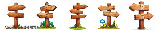 Set of wood directional signs with arrows in a grassy environment  