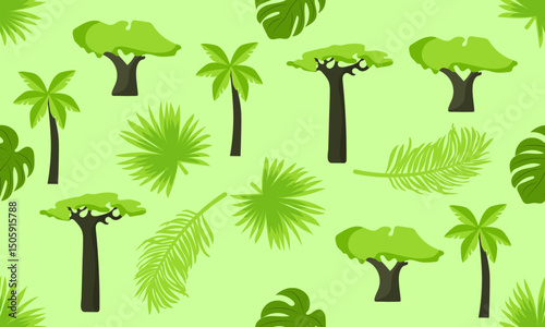 Seamless pattern with bright colors of various trees and leaves on a light background.Elements for printing,wallpaper,and decoration.Vector illustration