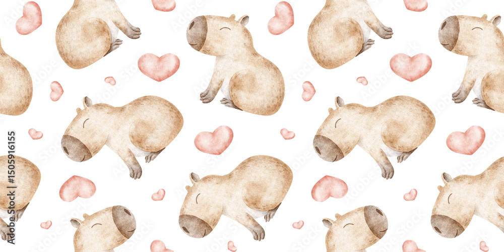 Fototapeta premium Capybaras in love and red hearts. Valentine's Day background with cute rodent. Hand drawn watercolor seamless surface pattern design of guinea pig for February 14,wallpaper, textile, wrapping paper