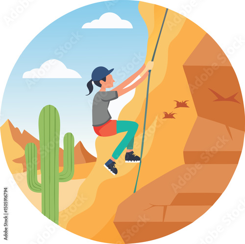 Rock Climbing Adventure: A determined woman ascends a rugged cliff face, set against a backdrop of desert landscape, embodying the spirit of outdoor adventure.