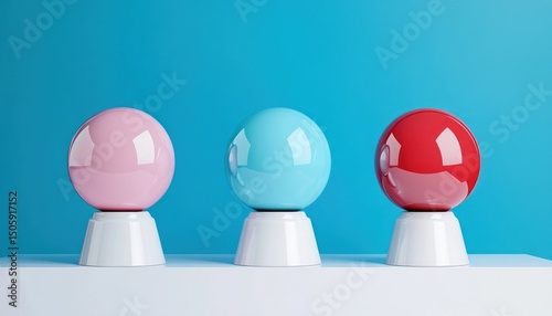 Three glossy spheres in pink, blue, and red colors sitting on white pedestals against a blue background