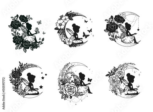 Silhouette of a fairy with flowers and moon. Vector illustration isolated on white background.