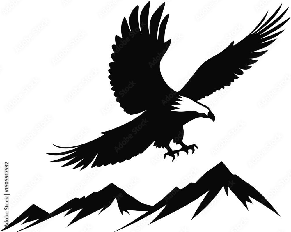 Fototapeta premium Soaring Eagle Above Mountains: An artistic silhouette captures an eagle in mid-flight over majestic mountain peaks, creating a sense of freedom and power.