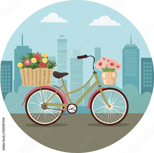 Urban Bicycle Bloom: A charming, illustrated bicycle, its baskets overflowing with vibrant flowers, takes a leisurely ride through a bustling cityscape.