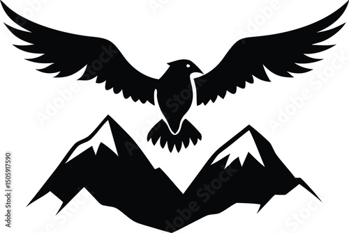  Soaring Above Peaks: An eagle, with wings spread wide, glides majestically above rugged mountain peaks in a stark black and white silhouette, evoking a sense of freedom, power.