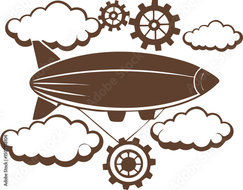 Steampunk Airship Soaring: A fanciful airship design featuring vintage cogwheels floating amidst fluffy clouds in a sepia-toned fantasy illustration.