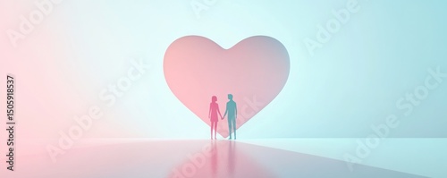 Silhouette of a couple holding hands in front of a large pink heart with a gradient background effect