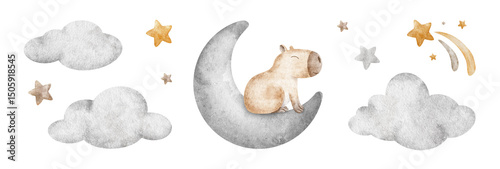 Set of Capybaras, crescent moon, clouds and stars. Collection hand drawn watercolor kids illustrations. Clip art of dreamy guinea pig for baby posters, packaging of goods, baby shower card, pajamas