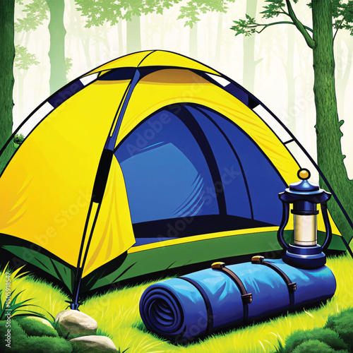 Colorful camping tent with roll mat and lantern in forest setting  