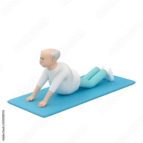 Old male character practicing flexibility exercises on a mat, 3d render