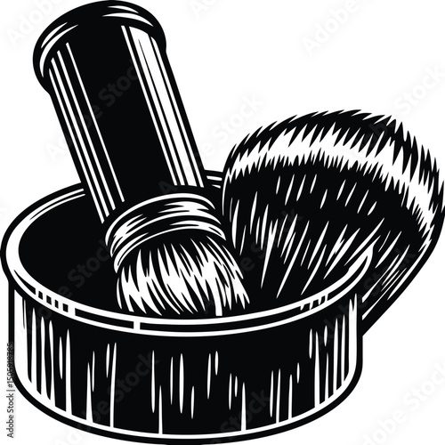 Classic Shaving Set: A vintage, monochrome illustration showcases a traditional shaving set. The image highlights a shaving brush and bowl.