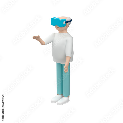 Senior male character wearing VR goggles over white background, 3d illustration