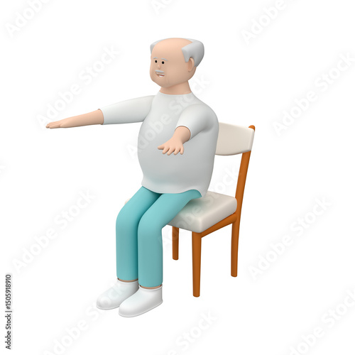 Senior male character practicing sit-ups and using a chair for this exercise, 3d render