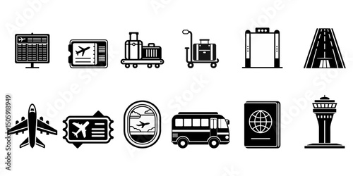 Airport Travel Icon Set – Aviation, Ticketing, Passport, Flight and Security Vector Symbols