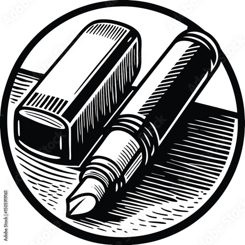 Marker and Eraser: A close-up illustration of a marker and eraser, rendered in a vintage woodcut style, within a circular frame.
