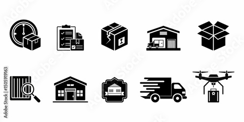 Logistics and Delivery Icons – Package Handling, Warehouse, Drone, Truck, Inspection Symbols