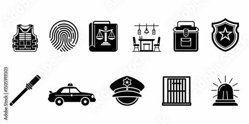 Police Equipment and Law Enforcement Icons – Security, Justice, Crime Symbol Set