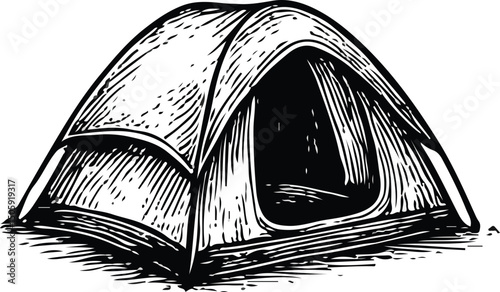 Black and white detailed illustration of a classic camping tent with fabric texture and structural lines, perfect for outdoor, adventure, camping, and nature-themed projects