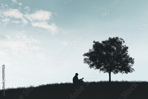 Silhouette of a person reading a book under a tree against a cloudy sky on a grassy hill side view