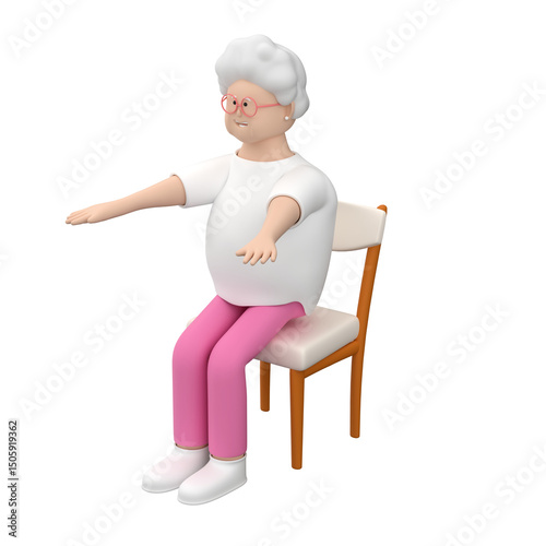 Senior female character practicing sit-ups and using a chair for this exercise, 3d render