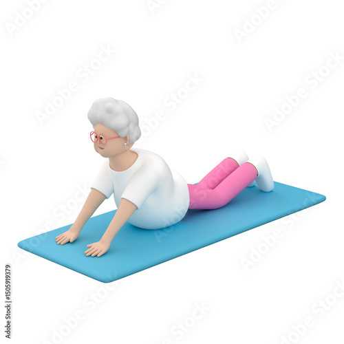 Old female character practicing flexibility exercises on mat, 3d render