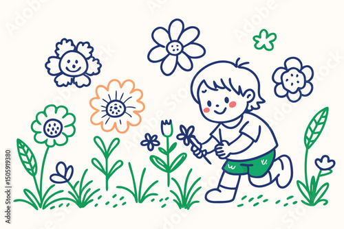 Cheerful little child running through a flower garden picking colorful blossoms for fun
