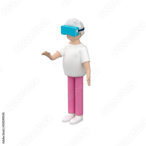 Senior woman character wearing VR goggles over a white background, 3d illustration