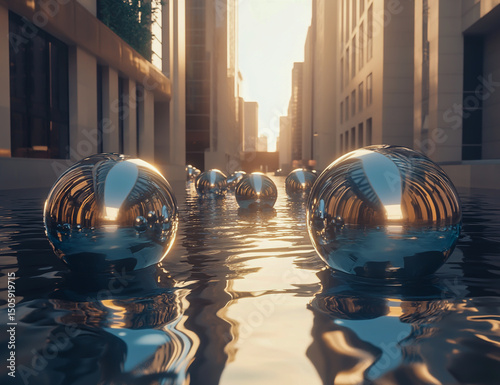 Three-dimensional rendering of liquid metal spheres suspended in water, creating an abstract futuristic urban landscape with dynamic reflections and shimmering surface effects. photo