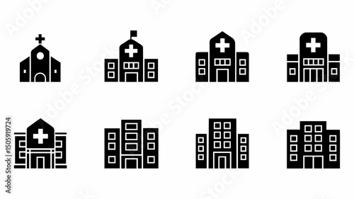 Hospital and Medical Building Icons – Minimal Healthcare Vector Set