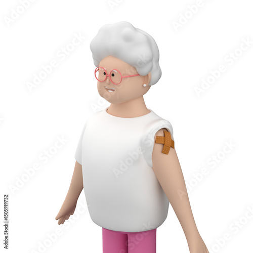 Senior female character with grey hair and bandage on her shoulder after vaccination, 3d render