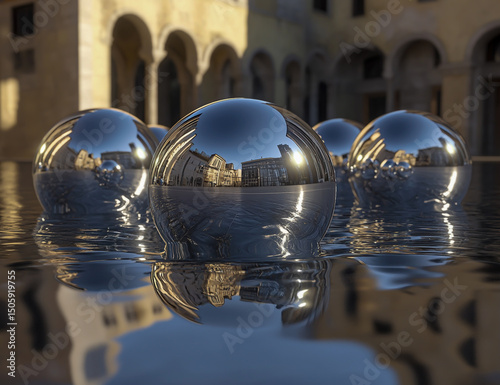 Three-dimensional rendering of liquid metal spheres suspended in water, creating an abstract futuristic urban landscape with dynamic reflections and shimmering surface effects. photo
