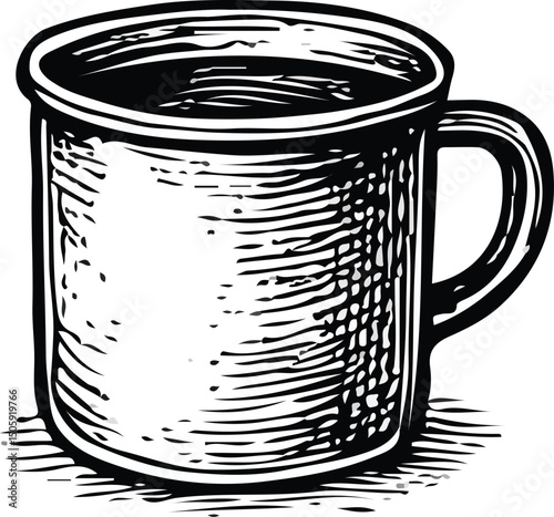 Black-and-white vintage-style hand-drawn illustration of a mug with a handle, placed on a surface, with liquid inside. Ideal for themes of coffee, tea, beverages, and rustic kitchenware