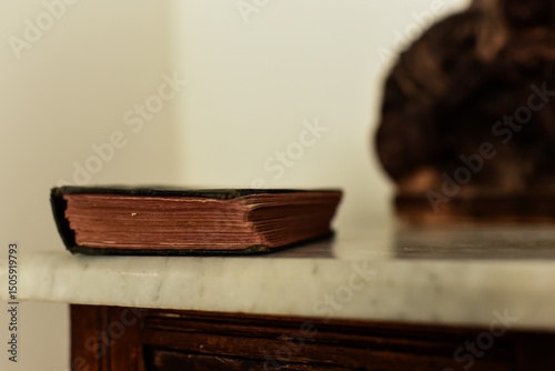 old book on wooden table, old book, black cover book
