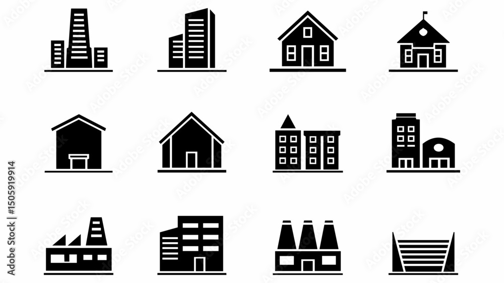 Fototapeta premium Black Building Icons Set – Vector Architecture, Real Estate & Industrial Symbols