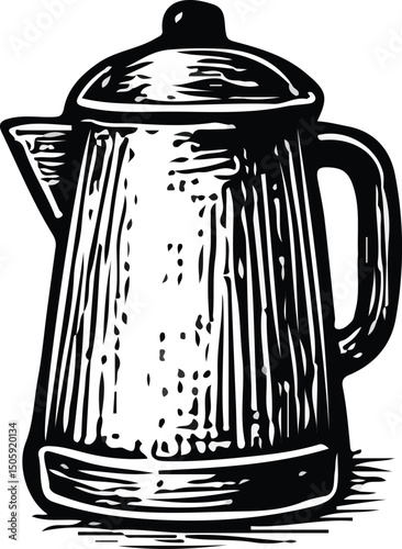 Black-and-white vintage-style hand-drawn illustration of a mug with a handle, placed on a surface, with liquid inside. Ideal for themes of coffee, tea, beverages, and rustic kitchenware